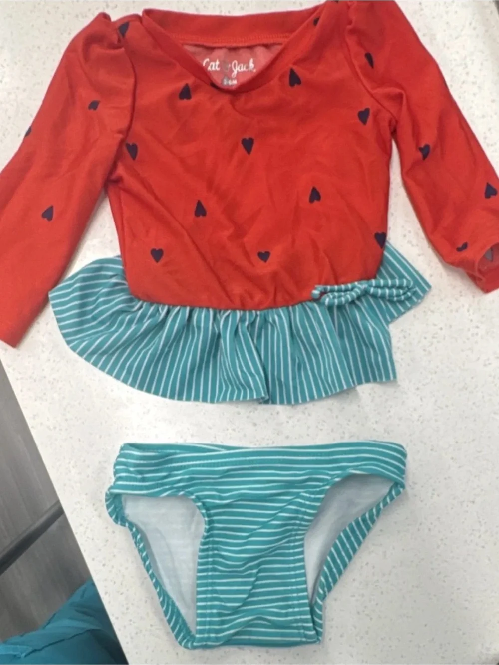 Cat & Jack Red Heart Long-Sleeve One-Piece Swimsuit with Teal Striped Skirt